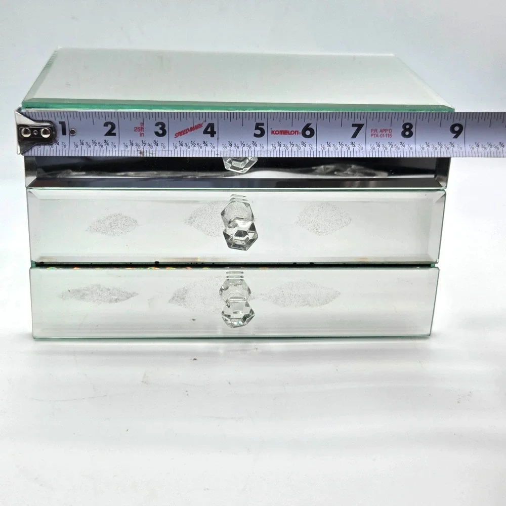 Mirrored Glass Jewelry Box 3 Drawer Black Velvet Lined 9x6x5.5